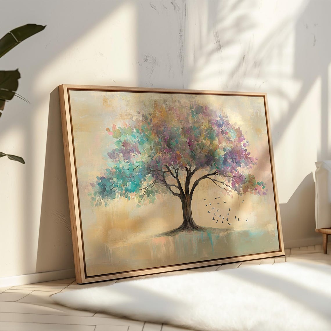 Abstract Pastel Tree With Colorful Leaves And Flying Birds Poster - Image 4