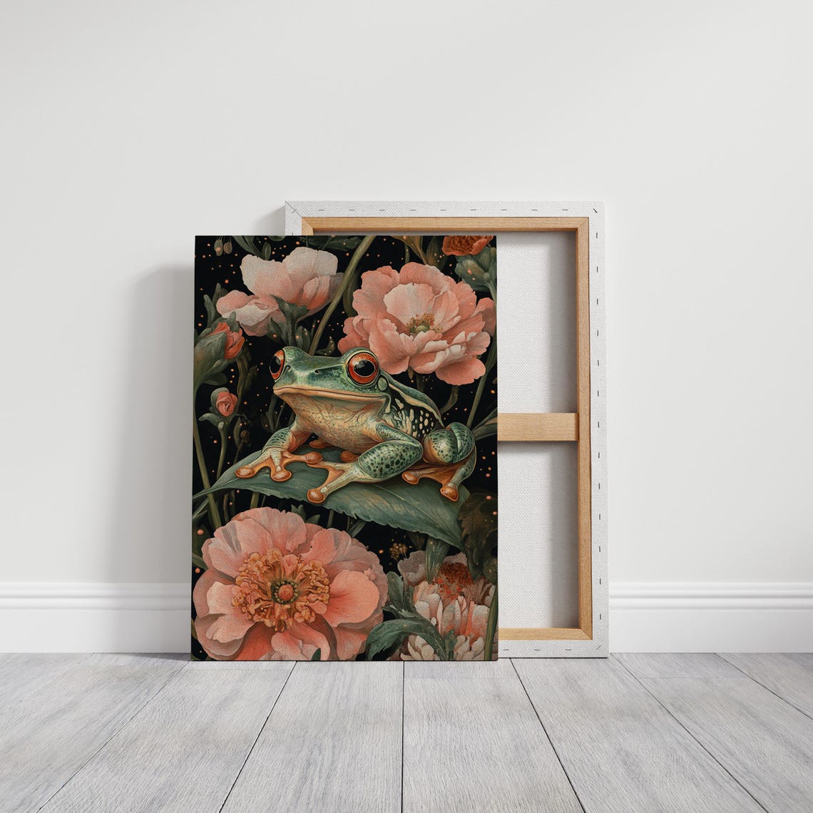 Green Tree Frog With Red Eyes Among Pink Flowers Dark Nature Poster - Image 2