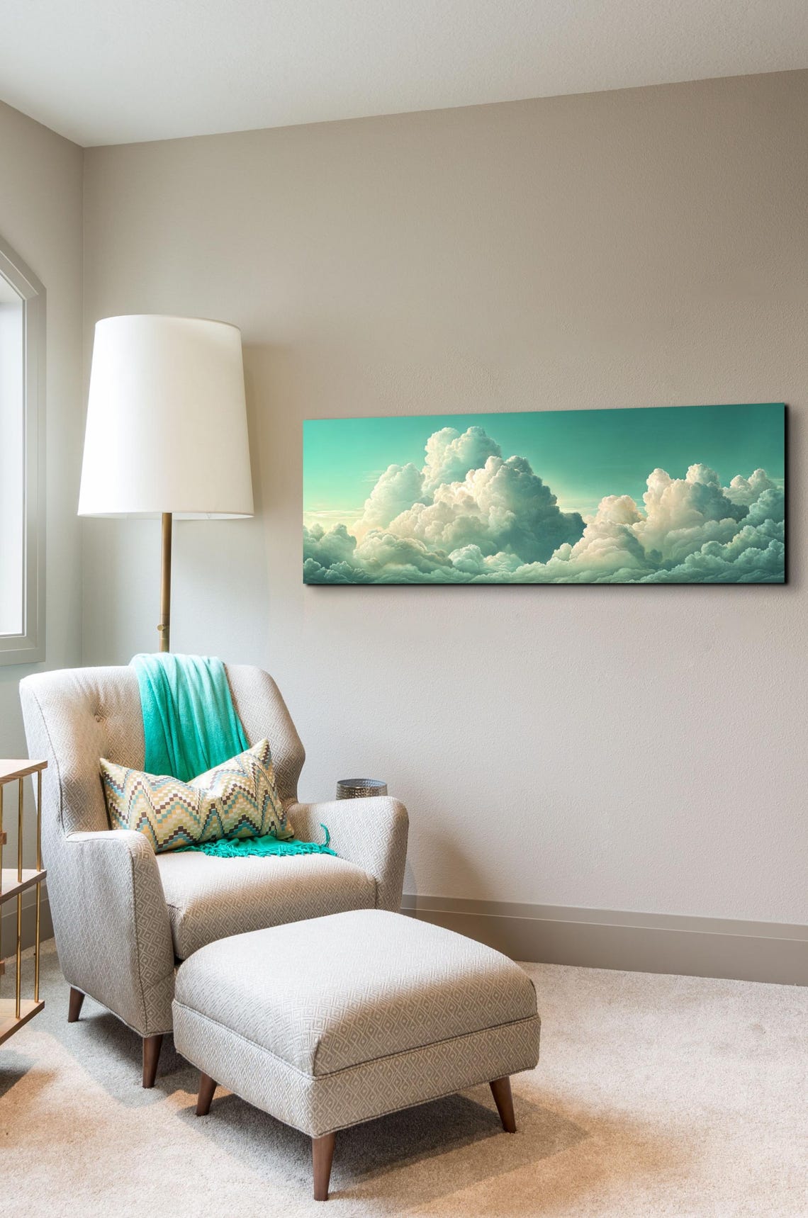 Billowing Cumulus Clouds on Teal Sky Panoramic Cloudscape Poster - Image 7