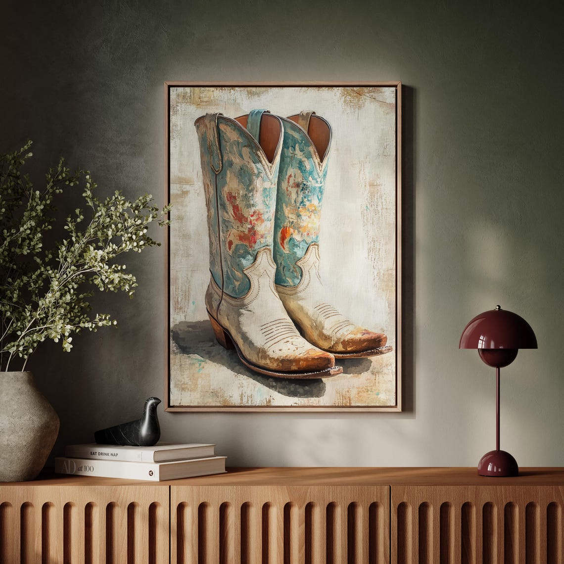 Vintage Cowboy Boots Art Rustic Western Decor Distressed Blue And White Boots Painting For Farmhouse Style - Image 5