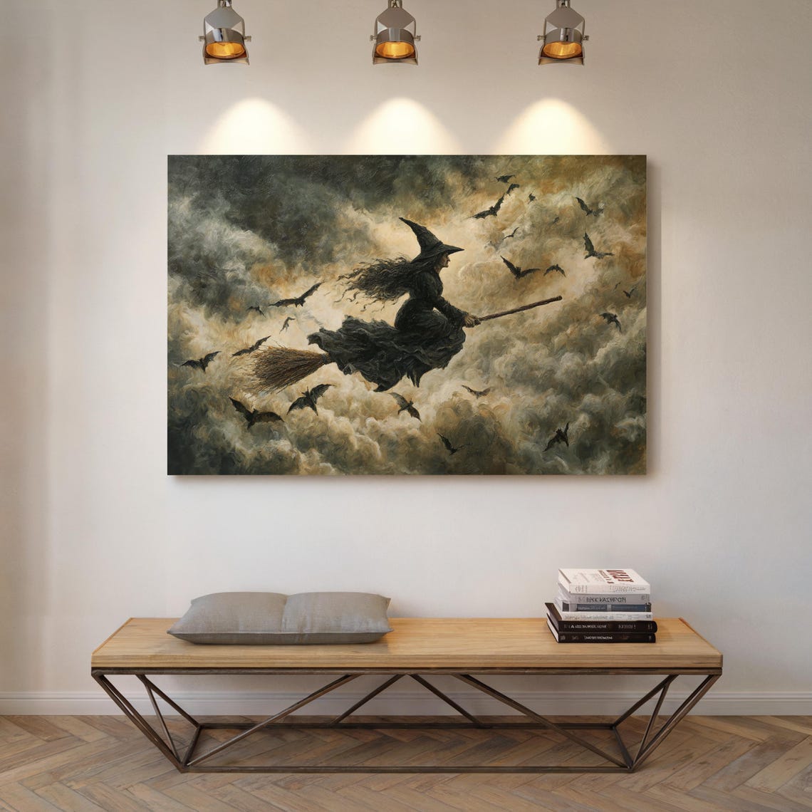 Witch Flying on Broomstick Through Stormy Clouds with Bats Poster