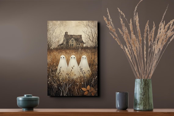 Three Ghost Friends Old Farmhouse Vintage Halloween Art Poster