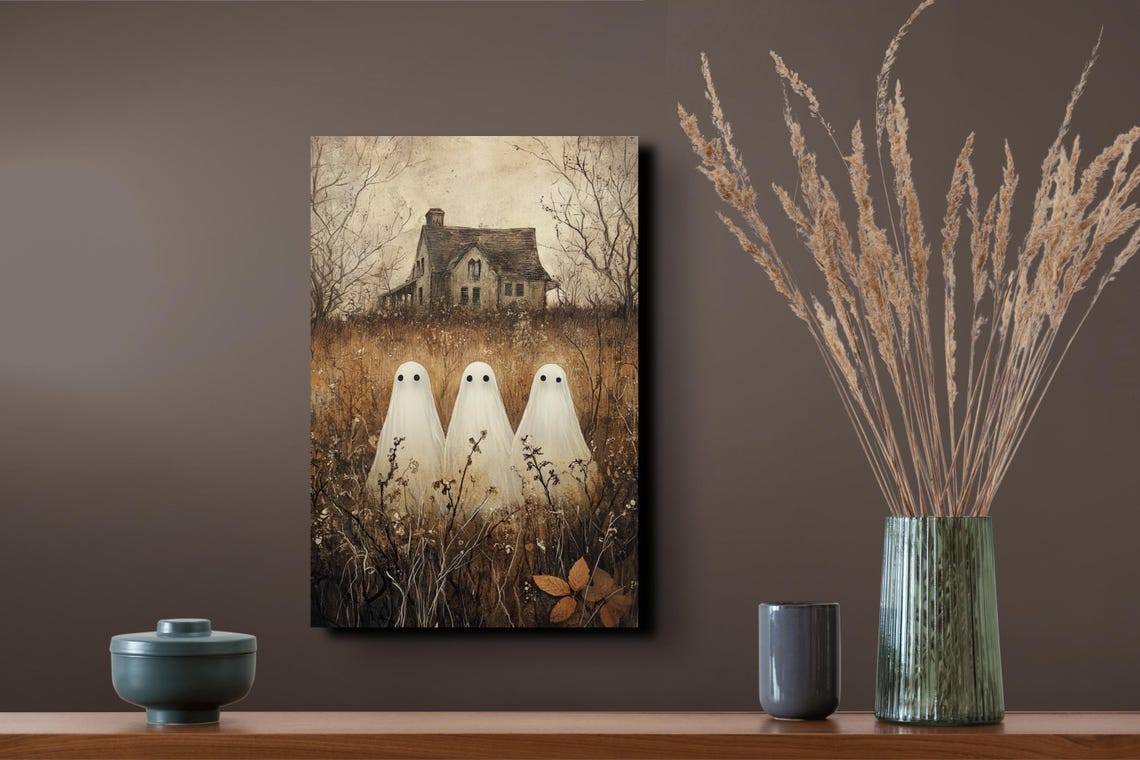 Three Ghost Friends Old Farmhouse Vintage Halloween Art Poster
