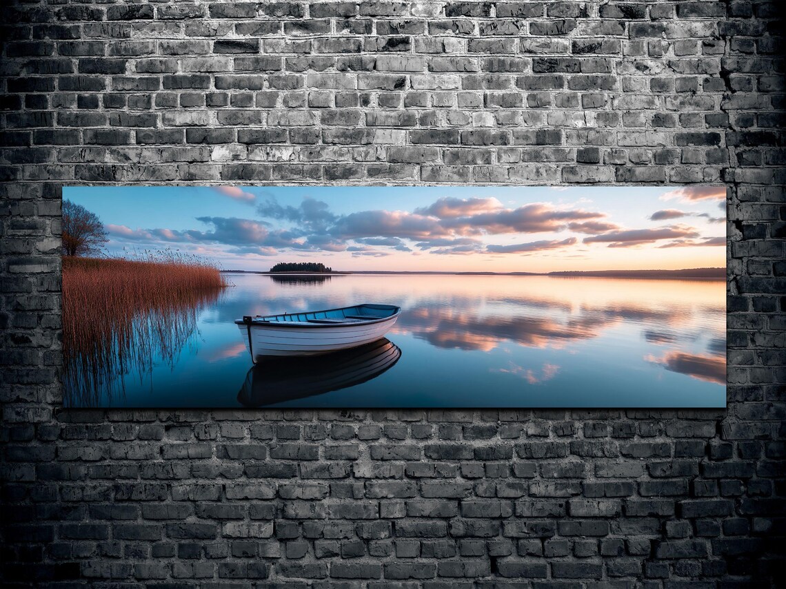 Wooden Rowboat Floating on a Glassy Sunset Lake in Panoramic View Poster - Image 2