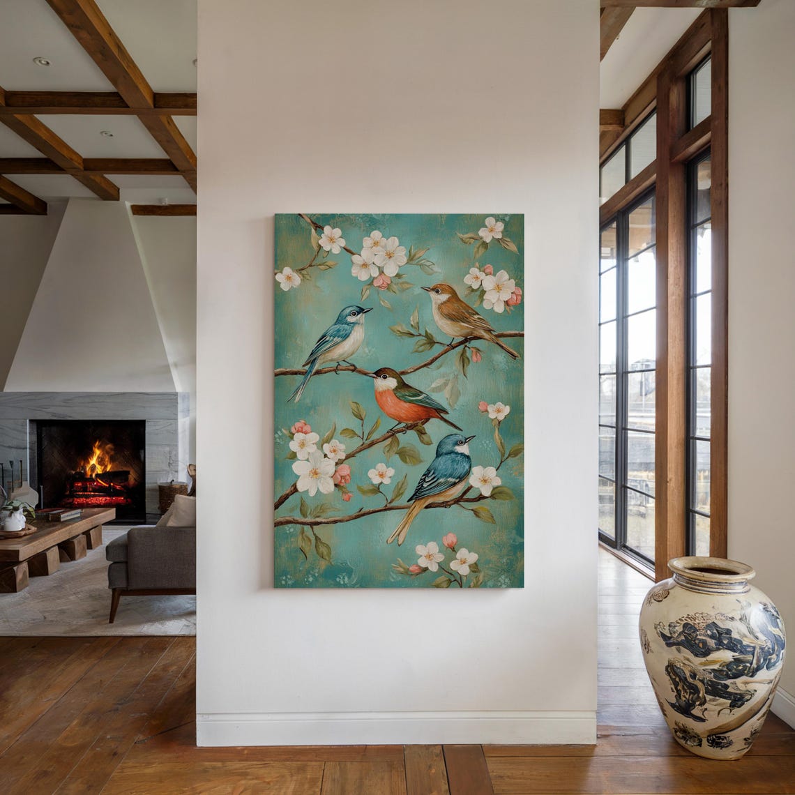 Colorful Songbirds On Blossoming Branches Teal Floral Quartet Poster - Image 5