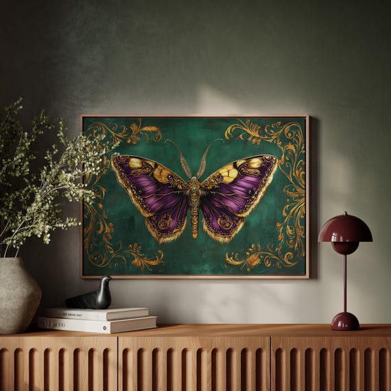 Luxurious Purple And Gold Butterfly Wall Art Elegant Ornamental Nature Inspired Poster Vintage Botanical Decor