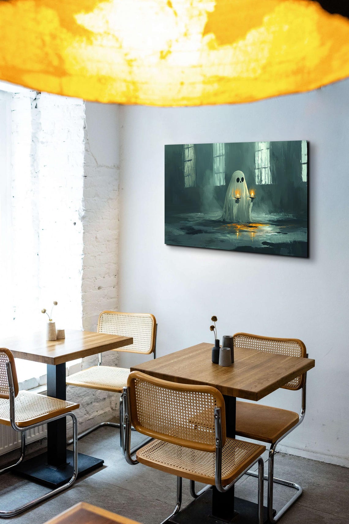 Cute Ghost Holding Two Lit Candles in a Dark Misty Gothic Hall Poster - Image 4
