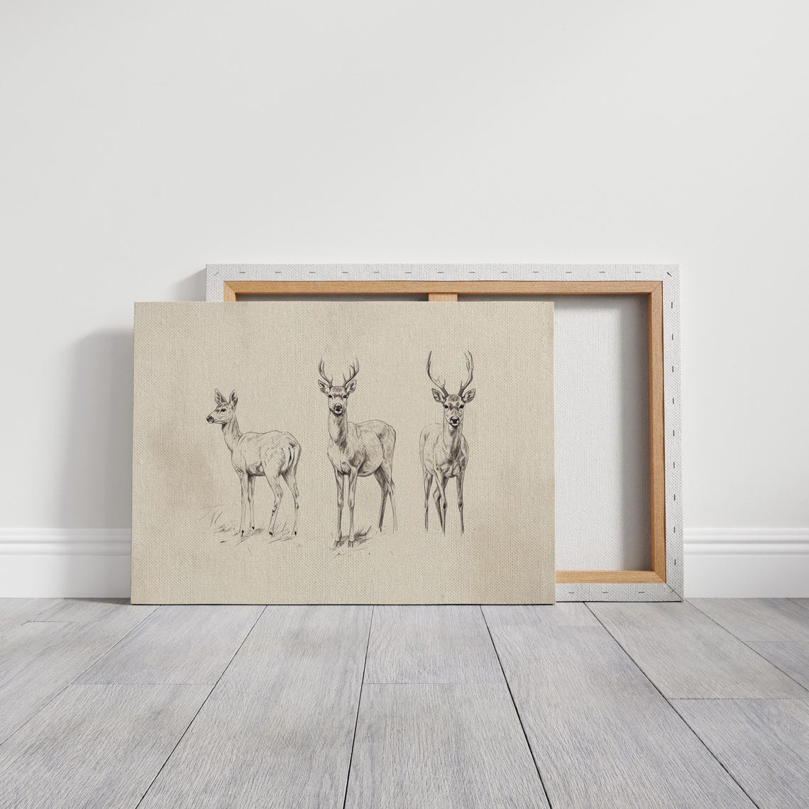 Minimalist Ink Sketch of Three Deer on Warm Linen Art Poster - Image 3