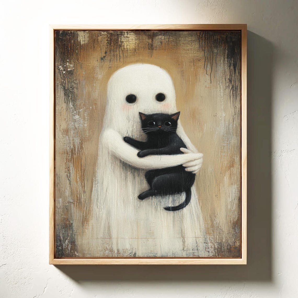 Whimsical Ghost Hugging Black Cat Adorable Rustic Halloween Poster - Image 4