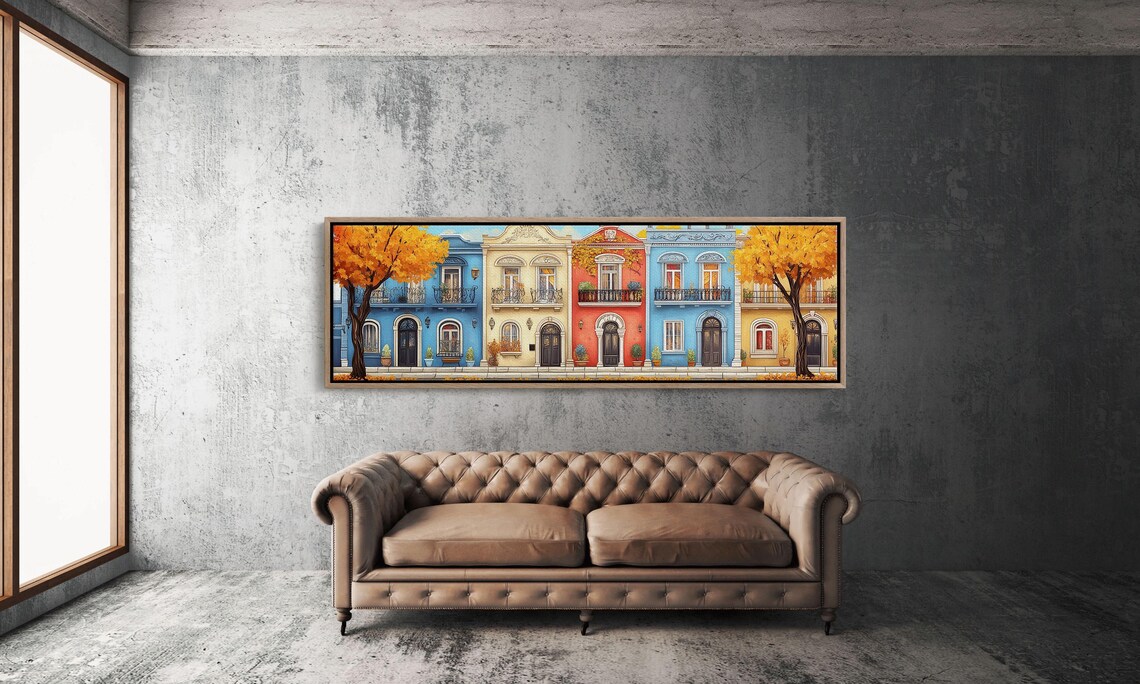 Colorful Row Houses Autumn Street Scene Charming Town Decor Poster - Image 3