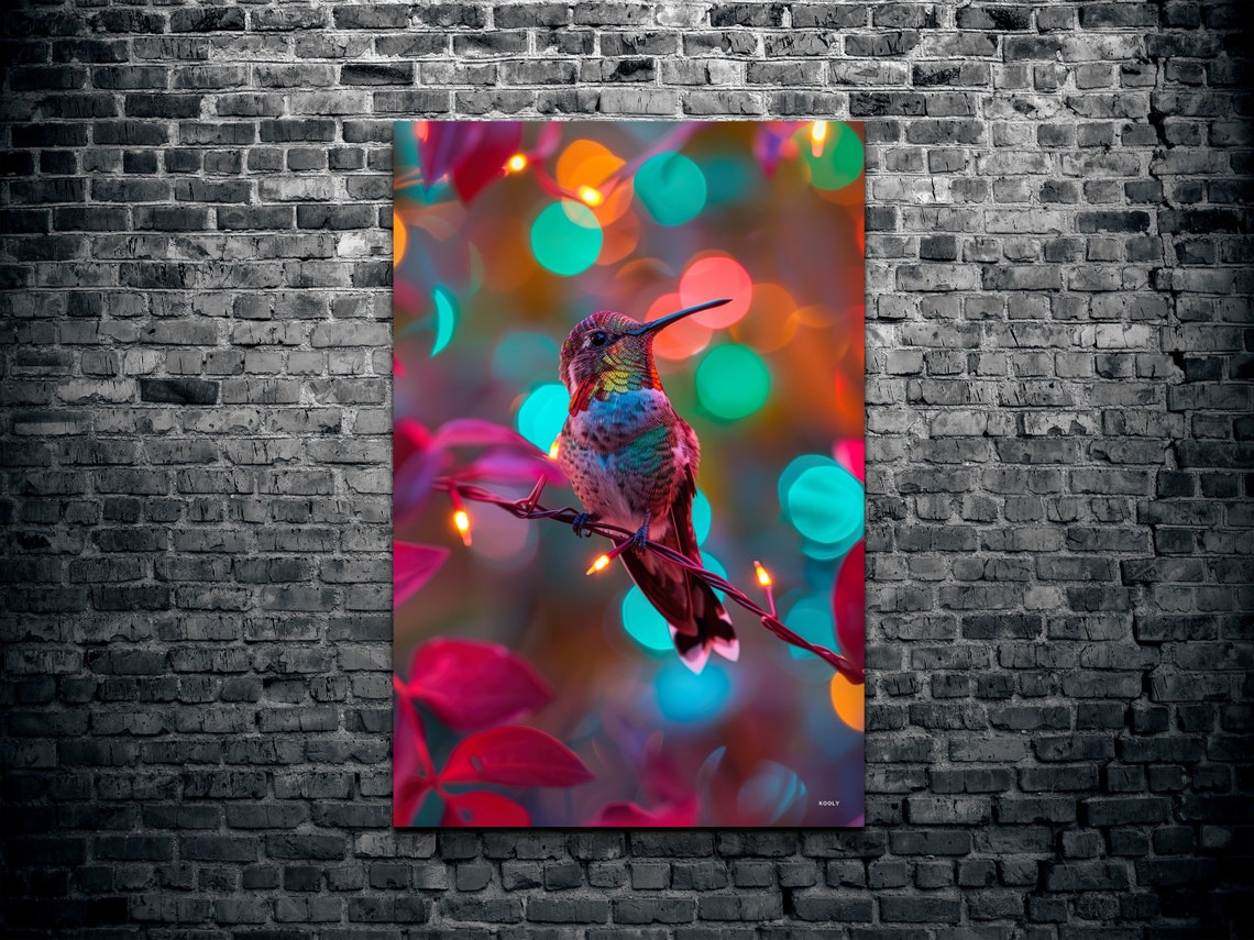 Colorful Hummingbird Perched on Glowing String Lights Poster - Image 2