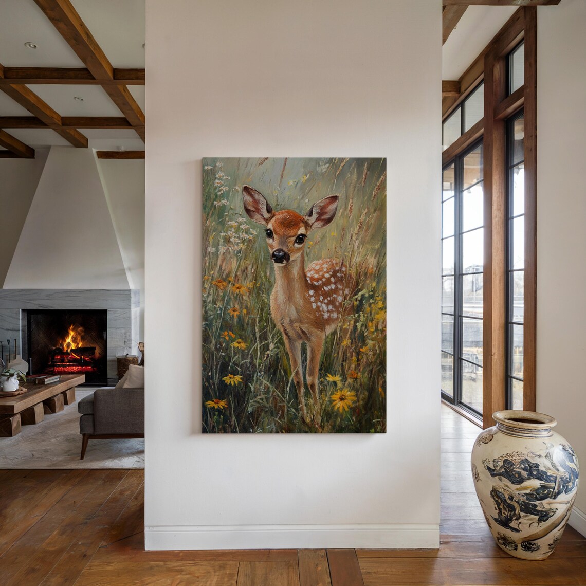 Baby Fawn Deer in Wildflower Meadow Cute Woodland Nursery Art Print - Image 4
