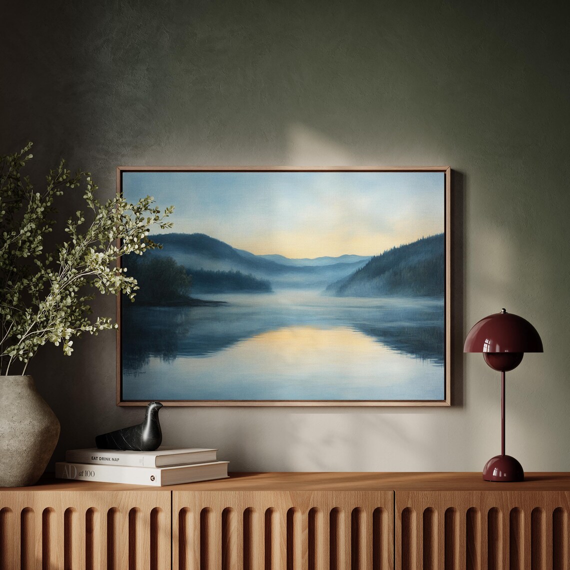 Misty Lake Sunrise Art Blue And Yellow Mountain Landscape Wall Decor - Image 4