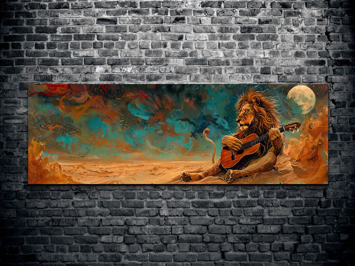 Lion Playing Guitar Under Full Moon In Dreamy Cosmic Desert Panoramic Print - Image 2