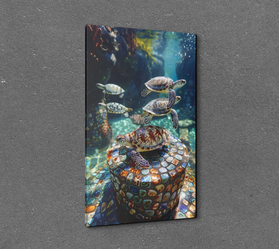 Sea Turtles Swimming Around Mosaic Underwater Column Wall Art - Image 7