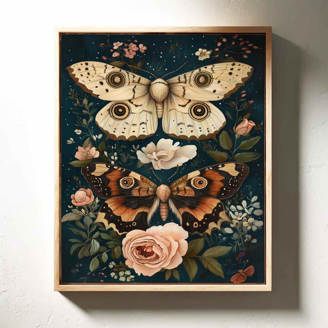 Vintage Moth Duo With Roses On Dark Teal Starry Botanical Art Poster - Image 2