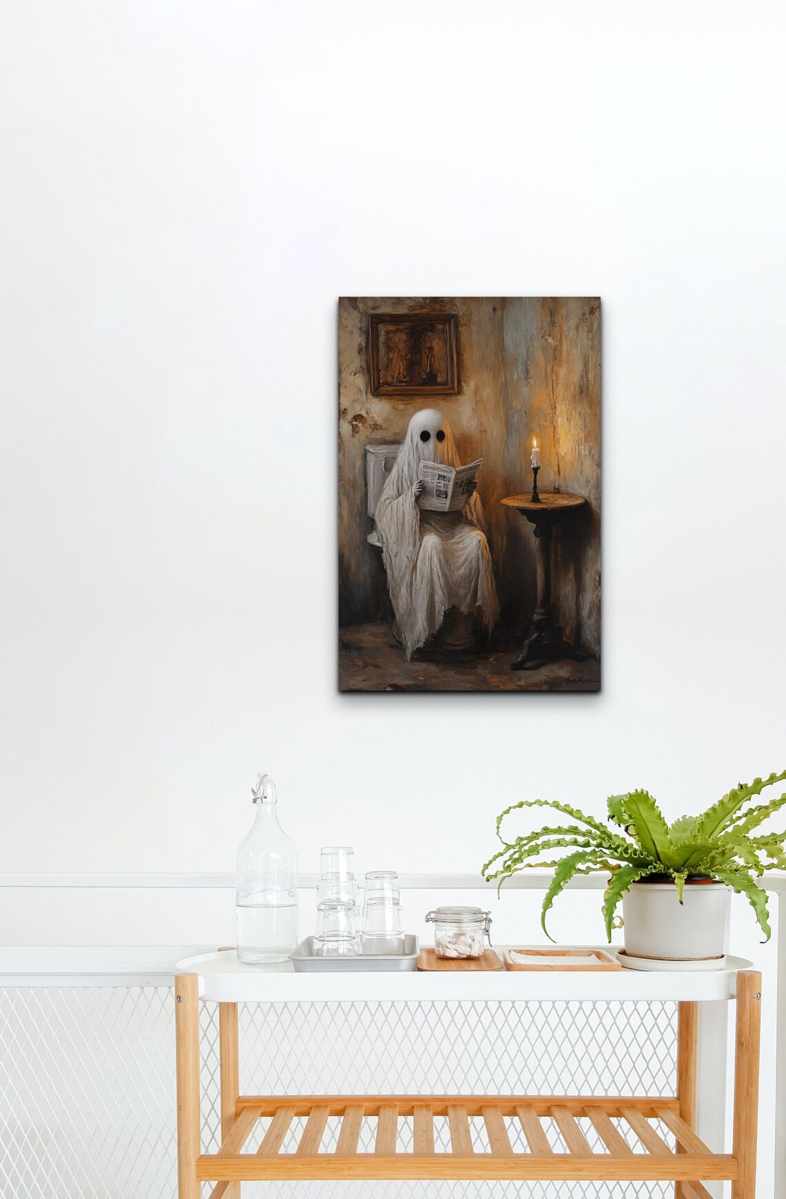 Cute Ghost on Toilet Reading Paper in a Candlelit Vintage Bathroom Poster - Image 4