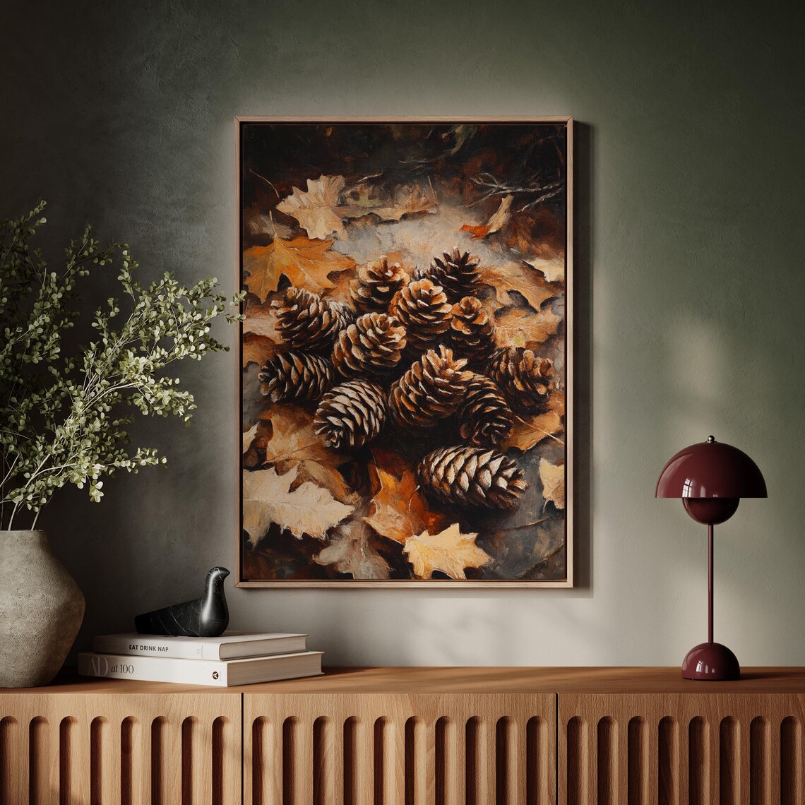 Pinecones with Autumn Oak Leaves Dark Rustic Fall Harvest Painting Poster - Image 5