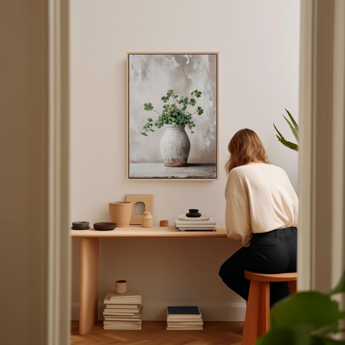 Rustic White Vase With Shamrock Bouquet Art Print - Image 6