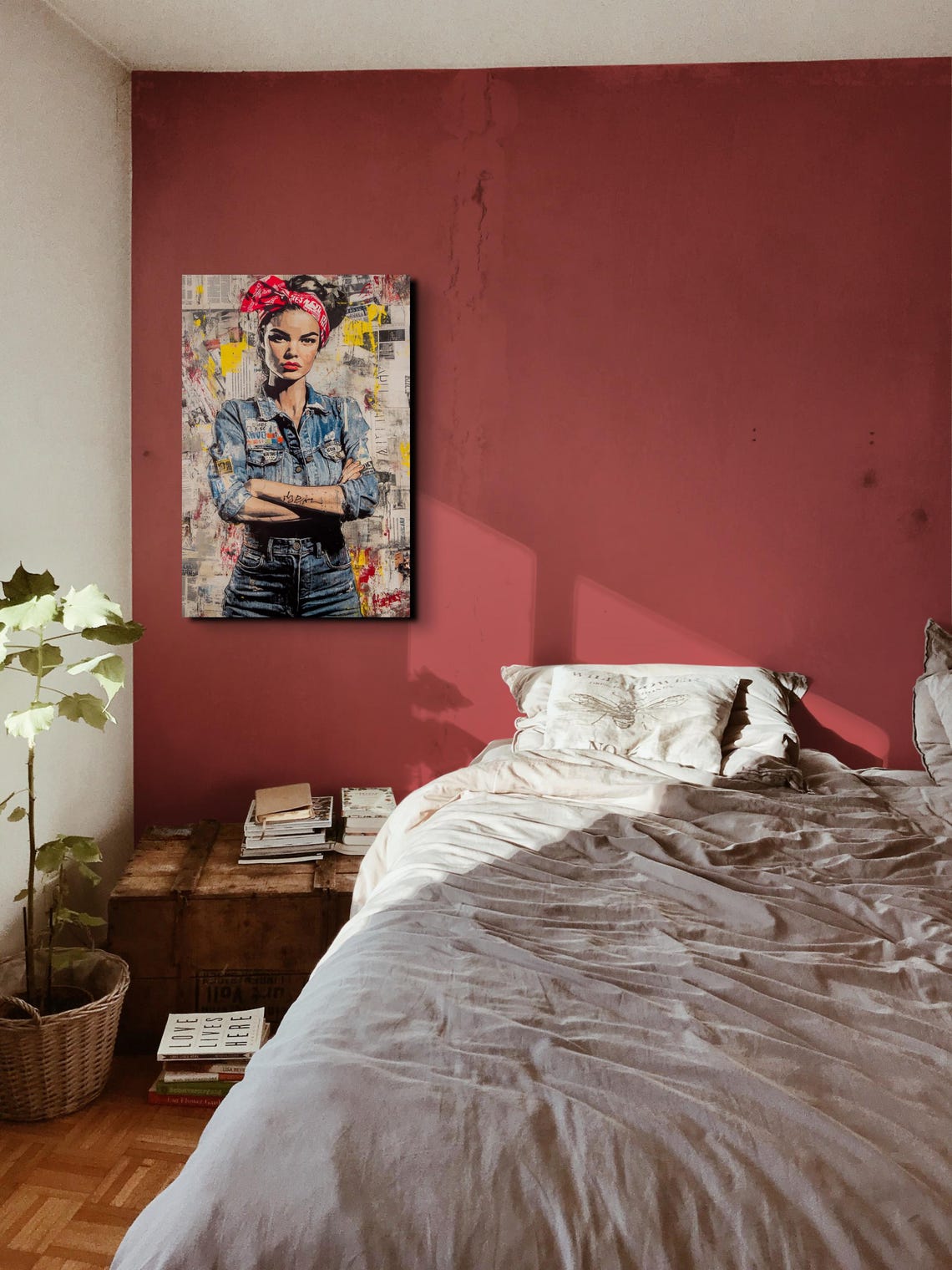 Rosie The Riveter Denim Street Art Portrait Red Bandana Art Poster - Image 6
