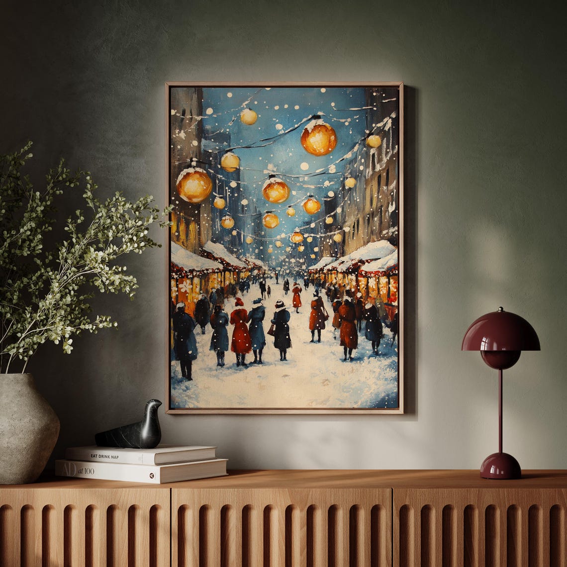 Charming Christmas Market Winter Scene Golden Lanterns Snowfall Poster