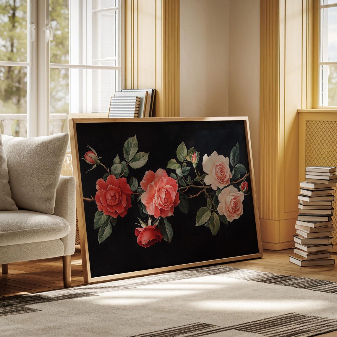 Red Pink Roses Black Background Dramatic Floral Still Life Poster