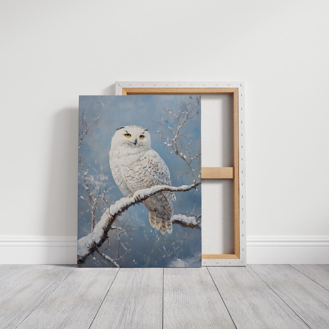 Snowy Owl Resting on Snowy Branch Frosty Blue Winter Art Print - Image 3