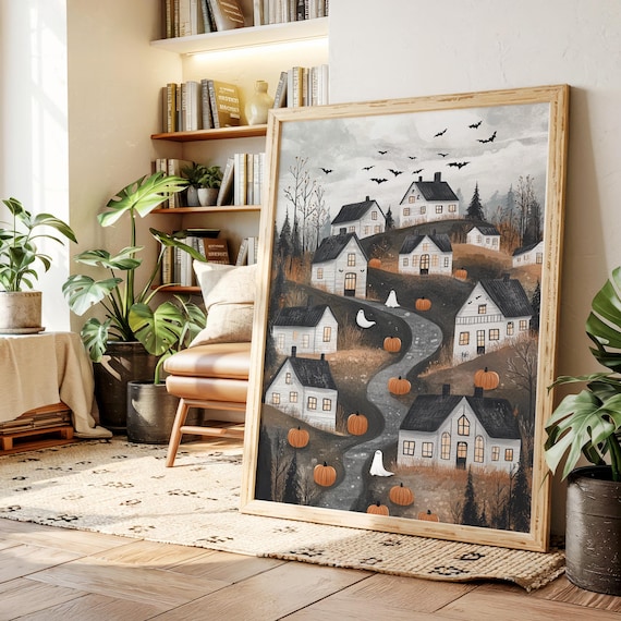Halloween Village Ghosts Pumpkins Bats Folk Art Haunted Town Poster