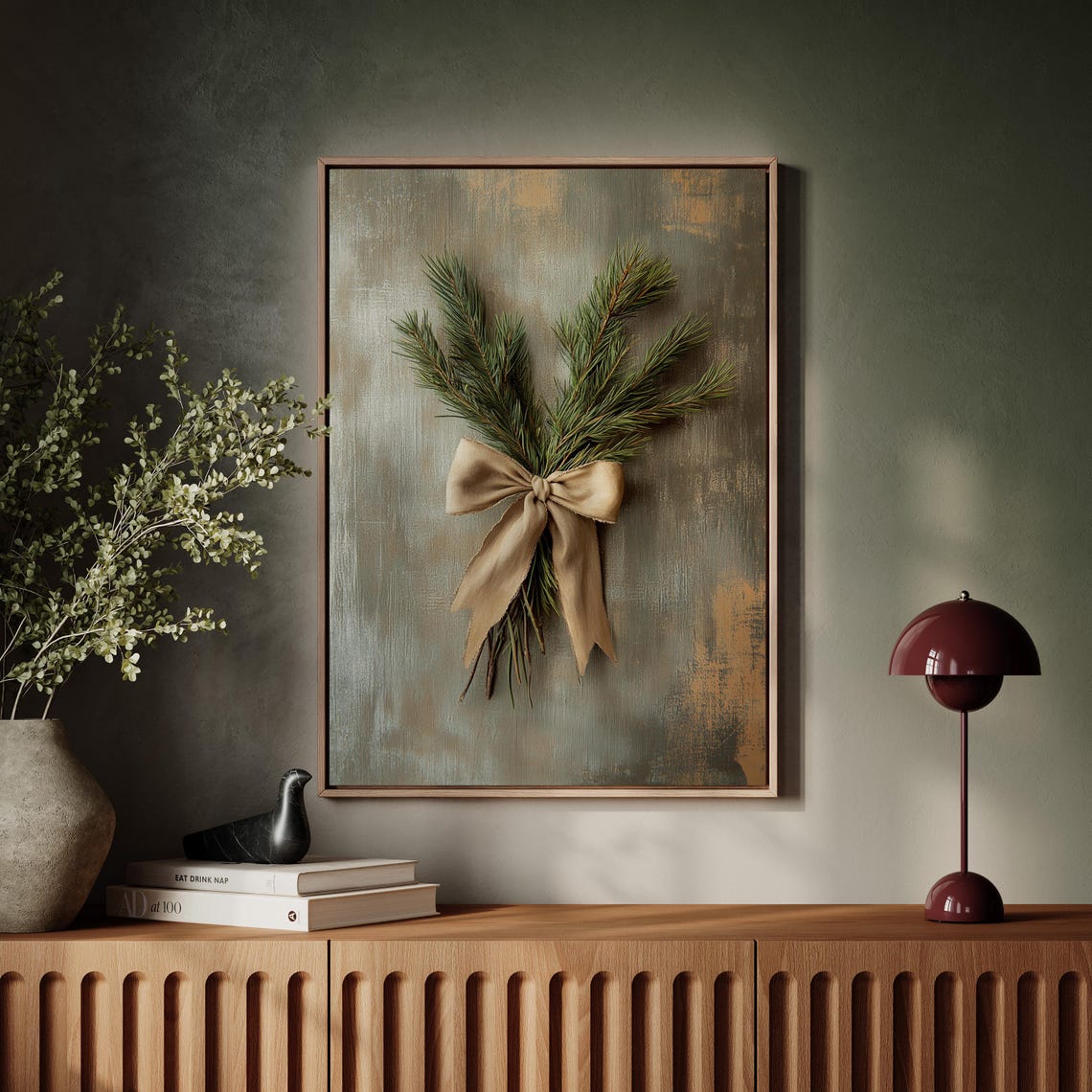 Pine Branch with Beige Satin Bow Rustic Holiday Wall Decor Poster
