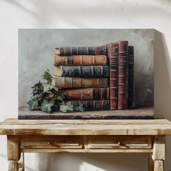 Antique Books Stack With Ivy Rustic Library Still Life Poster