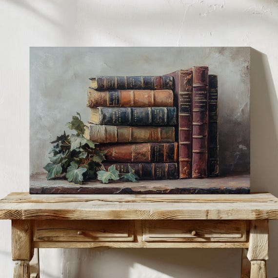Vintage Stacked Books With Ivy Art Rustic Library Decor For Cozy Traditional Or Antique Home Interiors