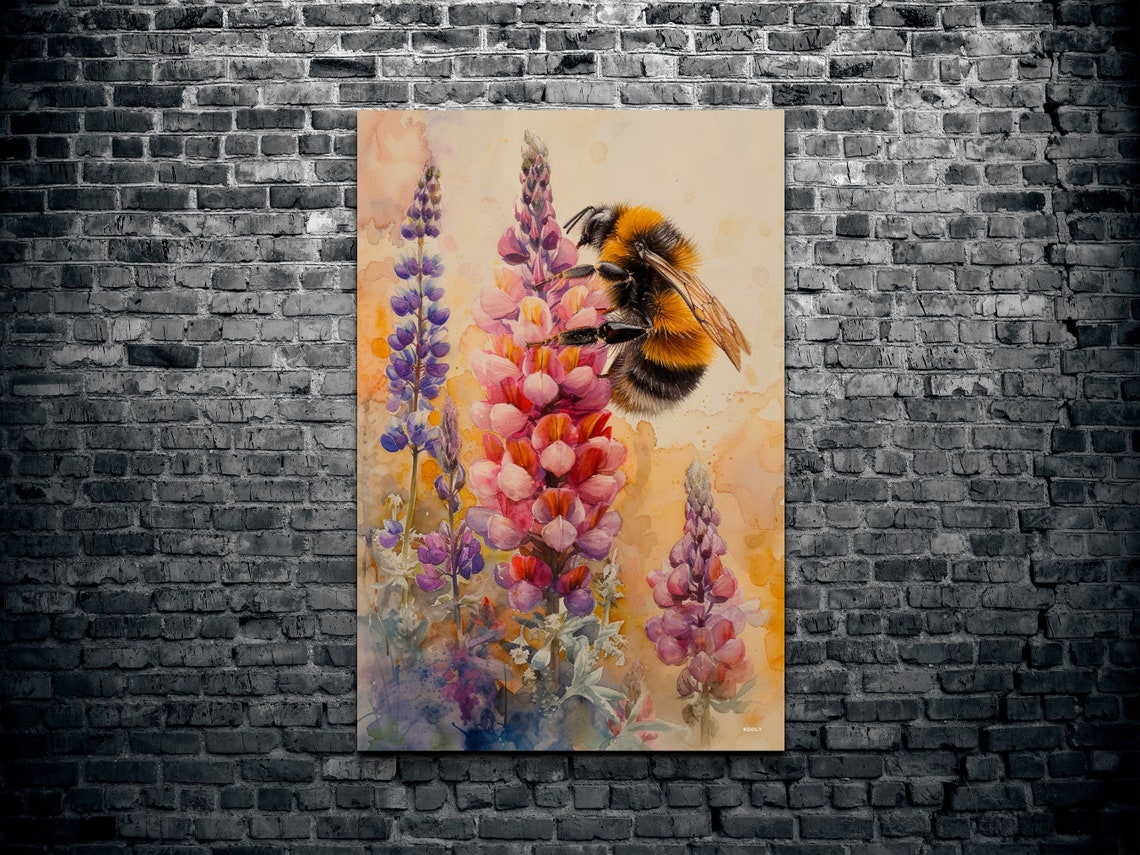 Bumble Bee Lupine Flowers Watercolor Garden Pollinator Poster - Image 2