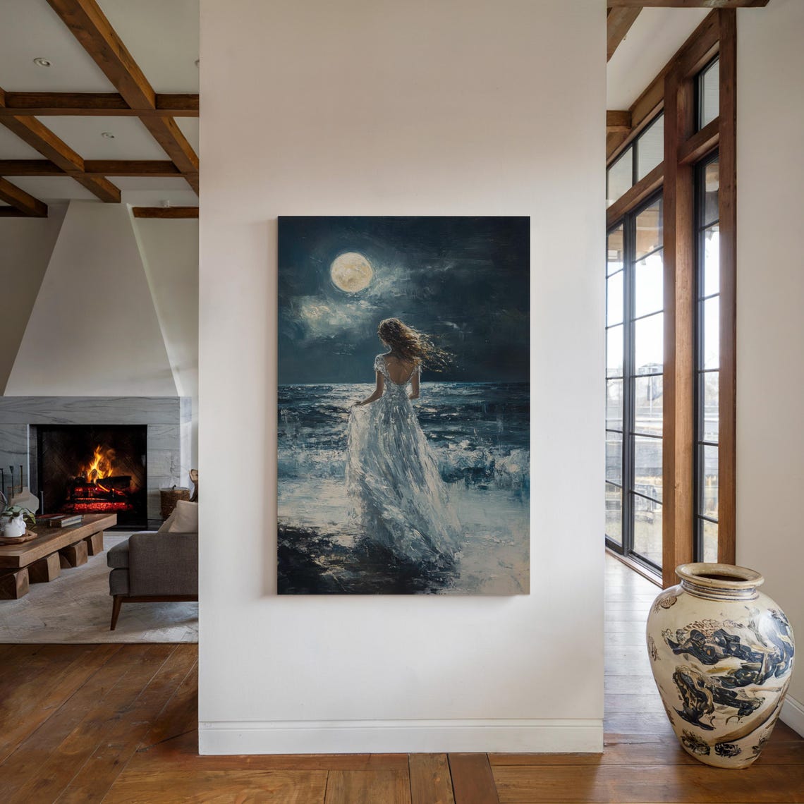 Woman in White Gown Under Full Moon by the Night Ocean Poster - Image 3