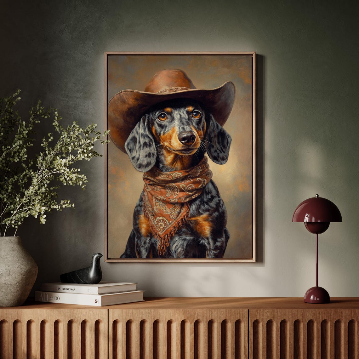 Dapple Dachshund Cowboy Hat Rustic Western Dog Portrait Poster - Image 4