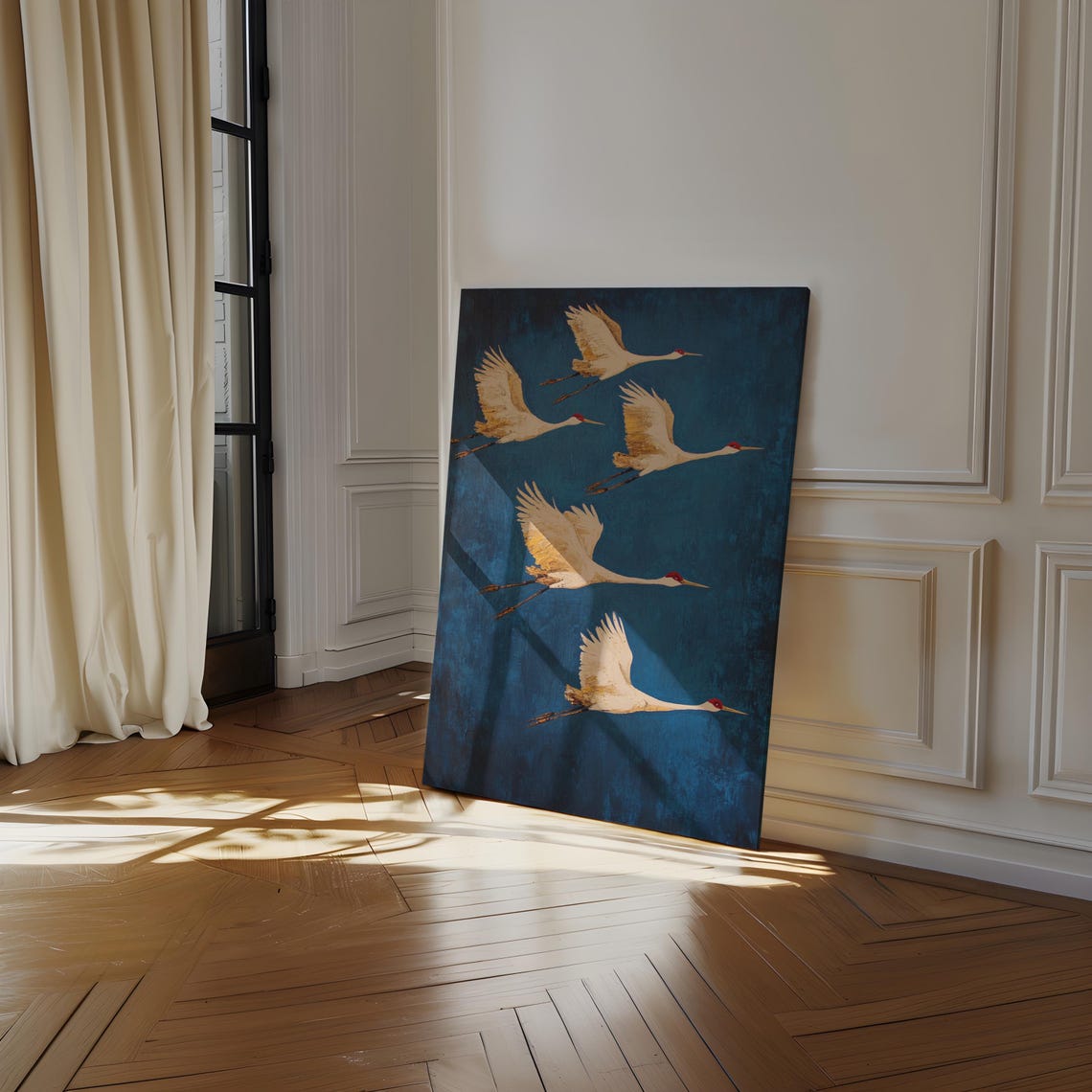 Five White Cranes In Flight On Teal Textured Asian Art Poster - Image 3
