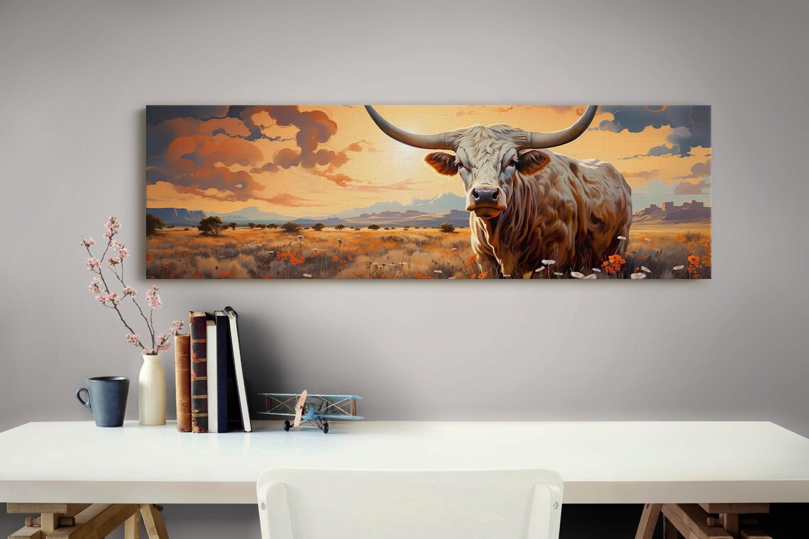 Longhorn Steer Southwestern Wall Art, Panoramic Art - Image 3