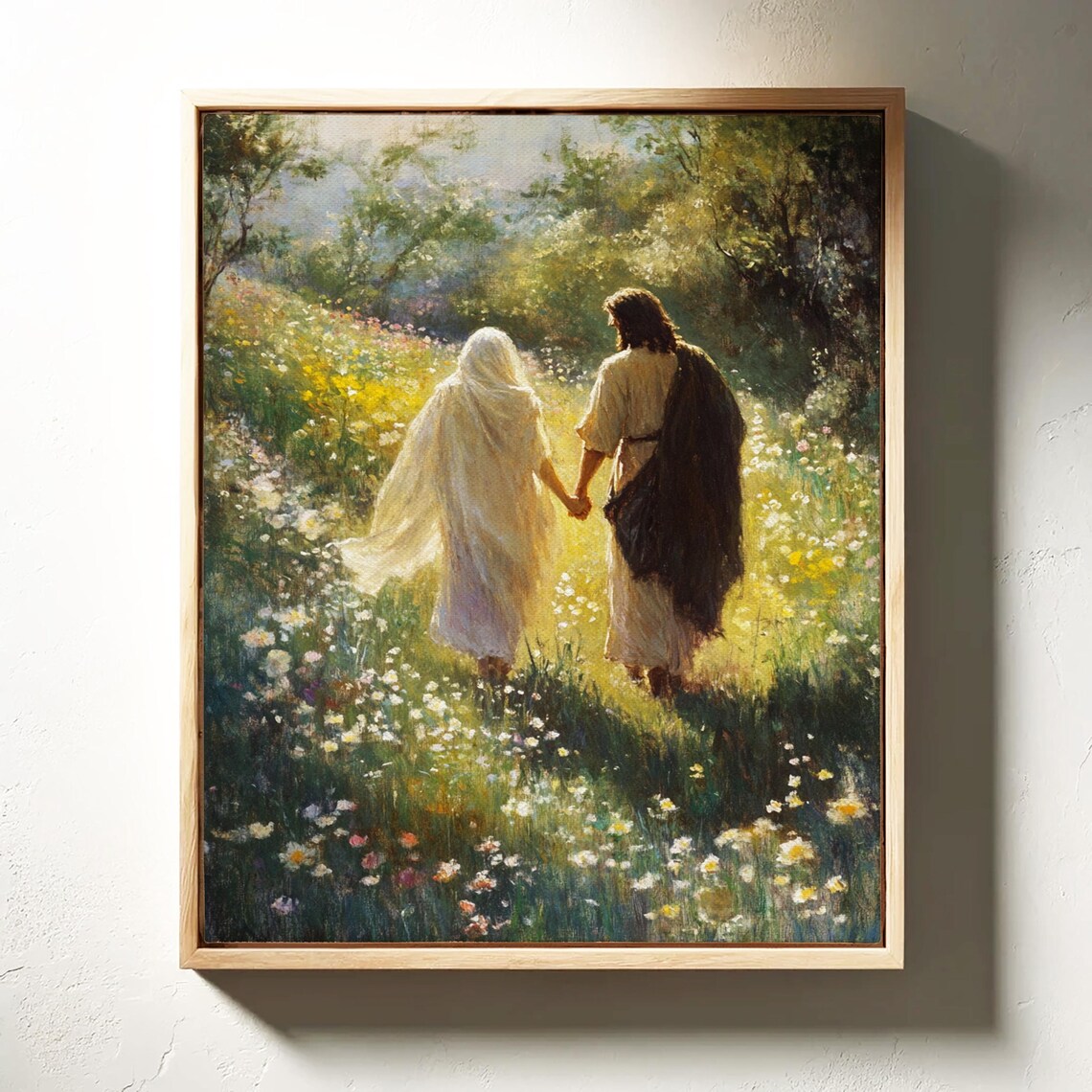Jesus Walking Meadow With Woman Wildflowers Faith Love Poster