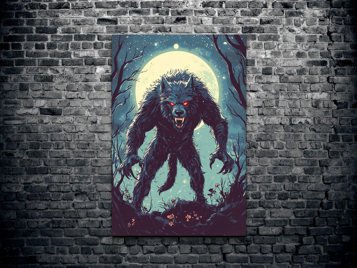 Red Eyed Werewolf Full Moon Night Comic Style Horror Art Poster - Image 2