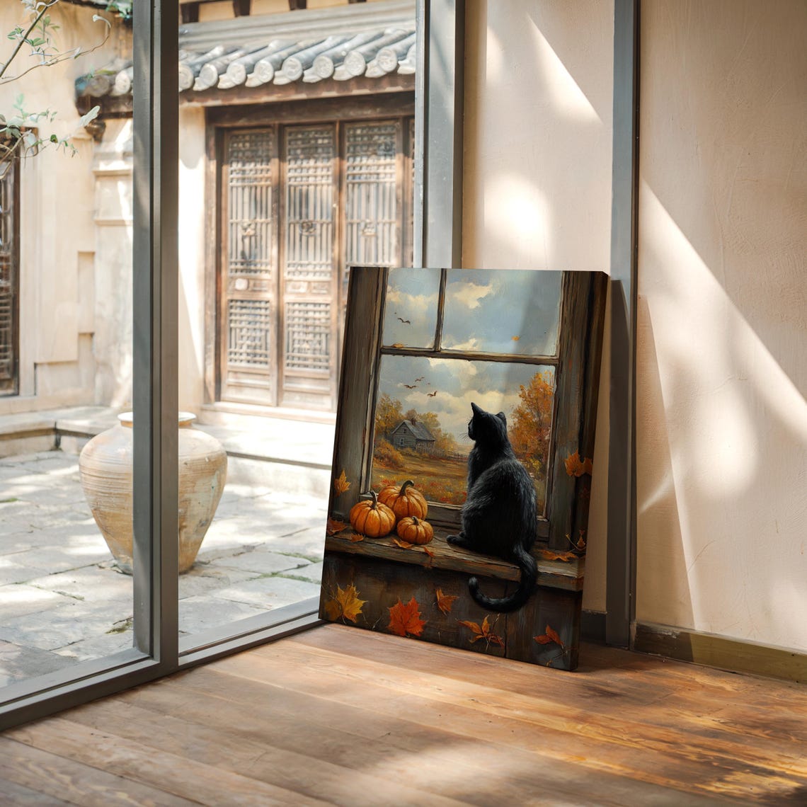 Autumn Black Cat and Pumpkins Rustic Window Scene Fall Poster - Image 6