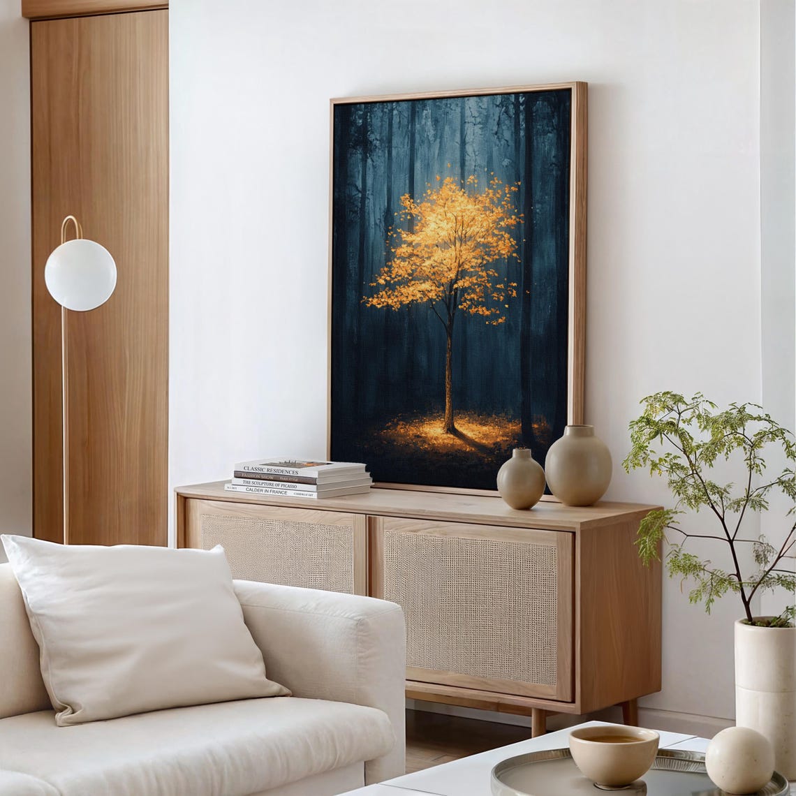 Golden Tree In Dark Forest Illuminated Nature Art Enchanted Forest Wall Decor For Serene Spaces - Image 6