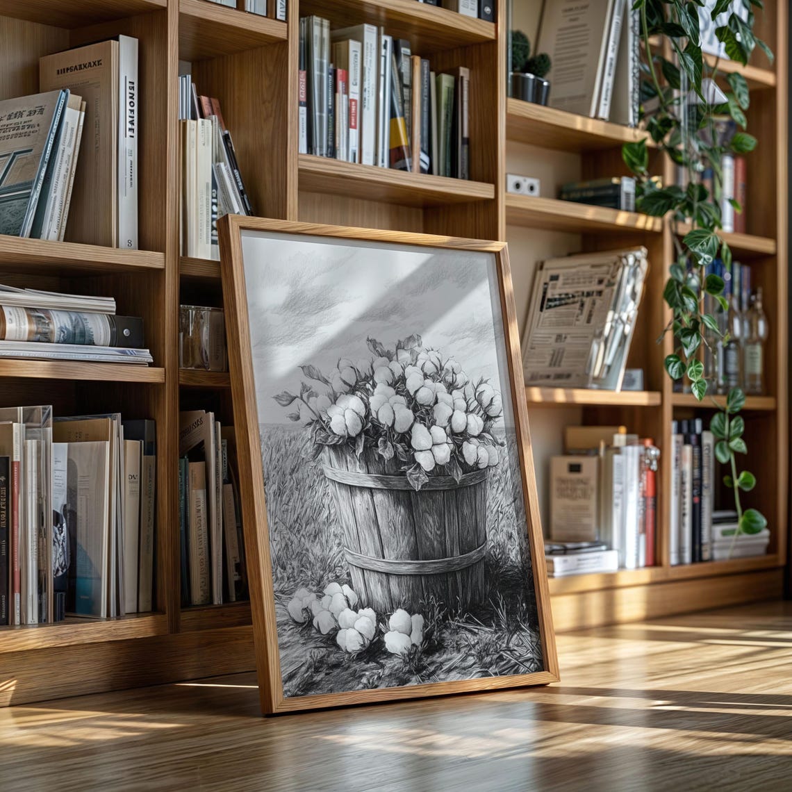 Cotton Flowers In Rustic Basket Black And White Farmhouse Poster