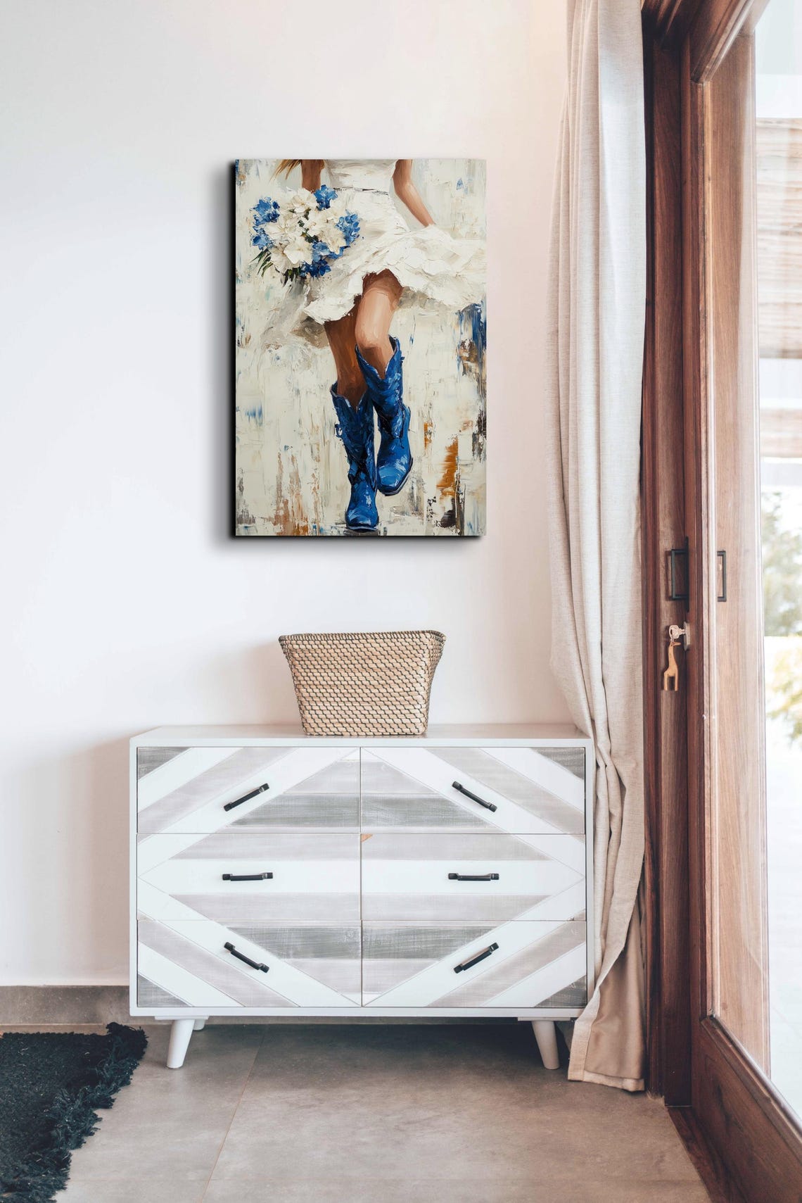 Woman White Dress Blue Cowboy Boots Wildflower Bouquet Art Poster - Image 3