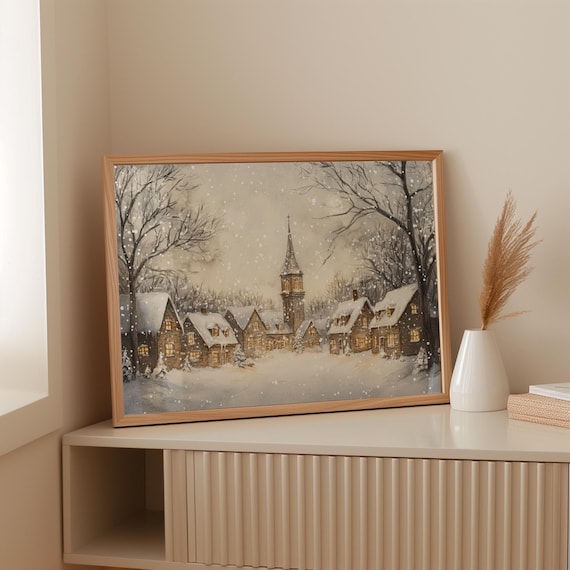 Snowy Village Church Glowing Windows Falling Snow Winter Art Poster