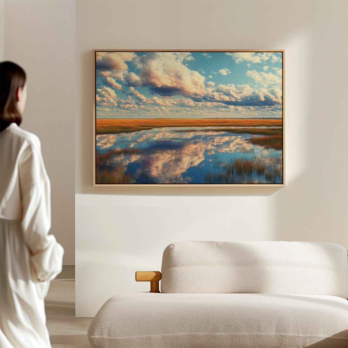 Reflective Wetlands Art Scenic Golden Marshland With Vibrant Clouds And Blue Sky Tranquil Nature Wall Decor - Image 2