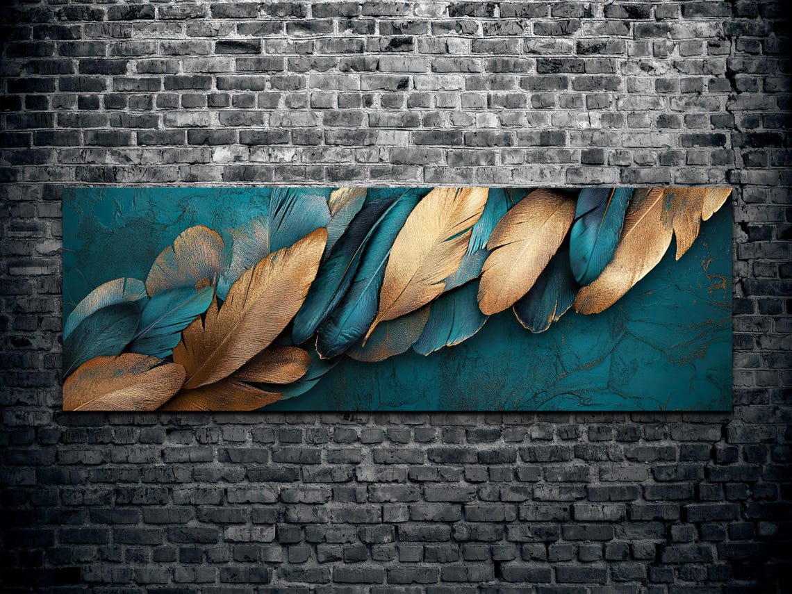 Golden Bronze Feathers On Teal Elegant Panoramic Nature Art Poster - Image 2