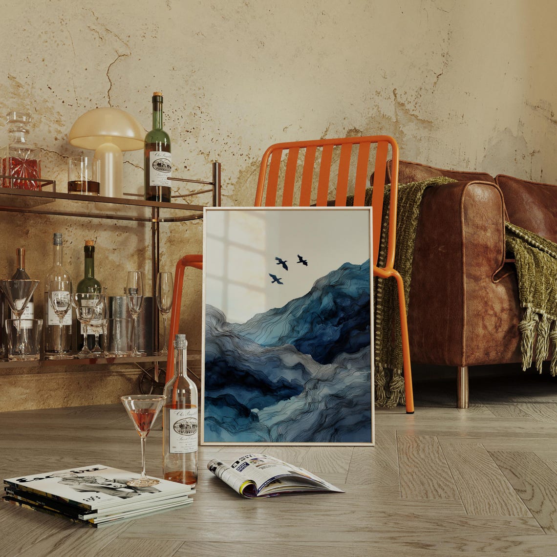 Blue Mountain Landscape Watercolor Flying Birds Serene Art Poster