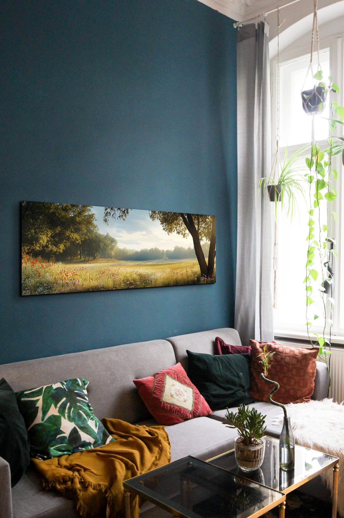 Golden Poppy Meadow Morning Trees Panoramic Landscape Poster - Image 7