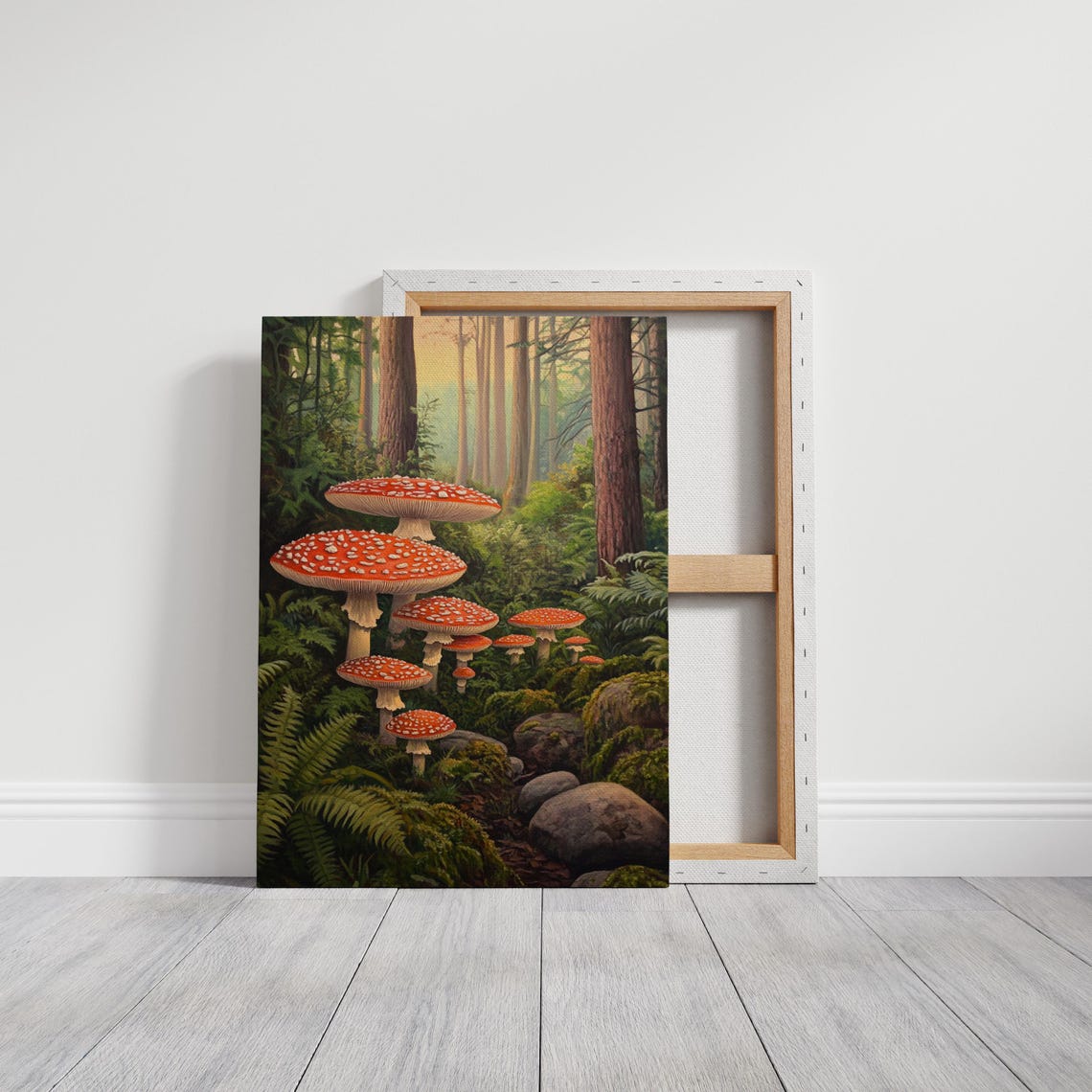 Red Fly Agaric Mushrooms In Sunlit Green Forest Floor Botanical Poster - Image 3