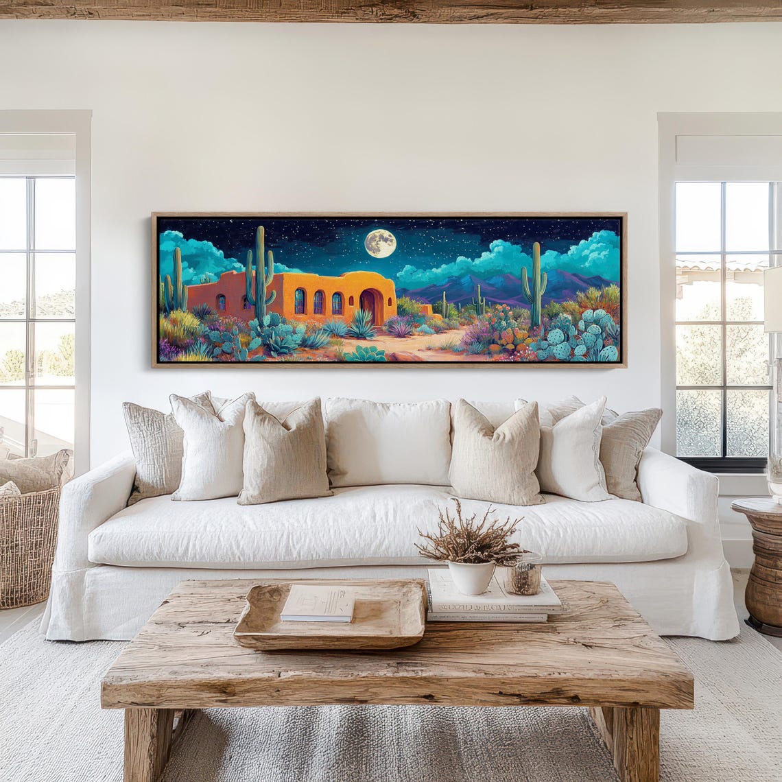 Colorful Desert Night Adobe House Full Moon Saguaro Cacti Art Poster - Image 6