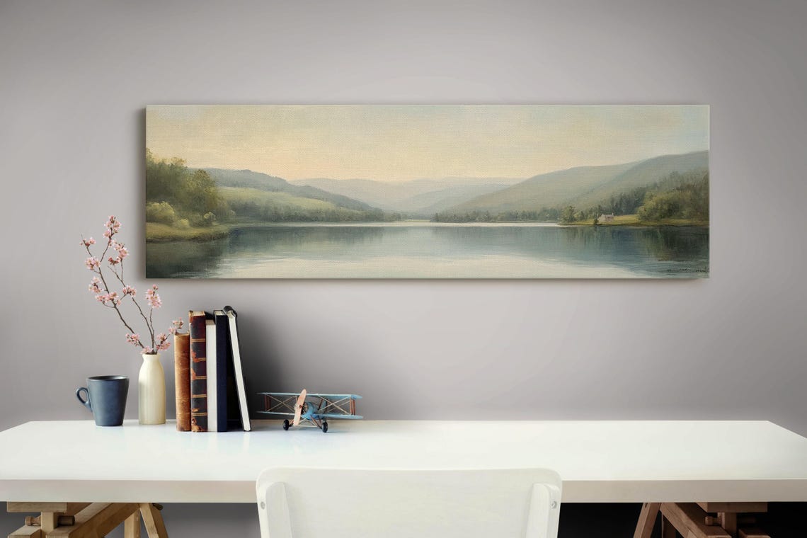 Misty Mountain Lake Serene Panoramic Vintage Landscape Art Poster - Image 2